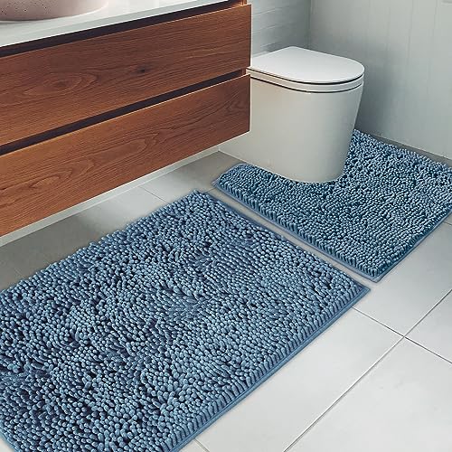 AINAHYVA Bathroom Rugs Chenille Bath mat 2 Piece Set Super Absorbent Strong PVC Non Slip Backing Bath mats for Bathroom Plush Shaggy Thick Machine Washable Bathtub Toilet Medium Blue - Image 3
