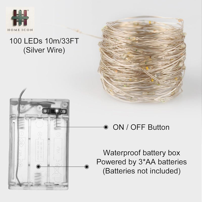 Home Icon [عبوة 2] أضواء الجنيات الملونة - تعمل بالبطارية، 10م/33قدم/100 LED/وضعين - Image 2