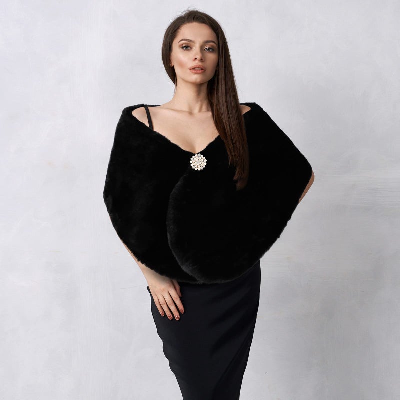 Jadive Women's Faux Fur Shawl Wrap Fake Fur Stoles Scarf Shrug Bridal Winter Wedding Evening Dress with 2 Rhinestone Brooches(Black, Classic, Classic) - Image 2
