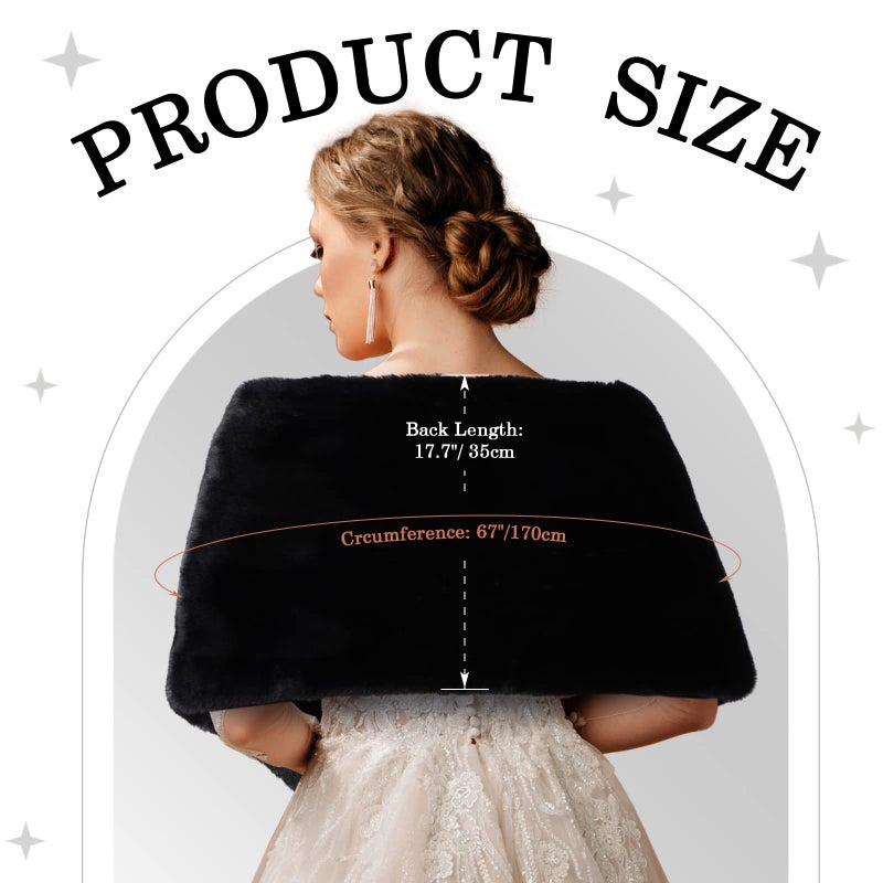 Jadive Women's Faux Fur Shawl Wrap Fake Fur Stoles Scarf Shrug Bridal Winter Wedding Evening Dress with 2 Rhinestone Brooches(Black, Classic, Classic) - Image 3