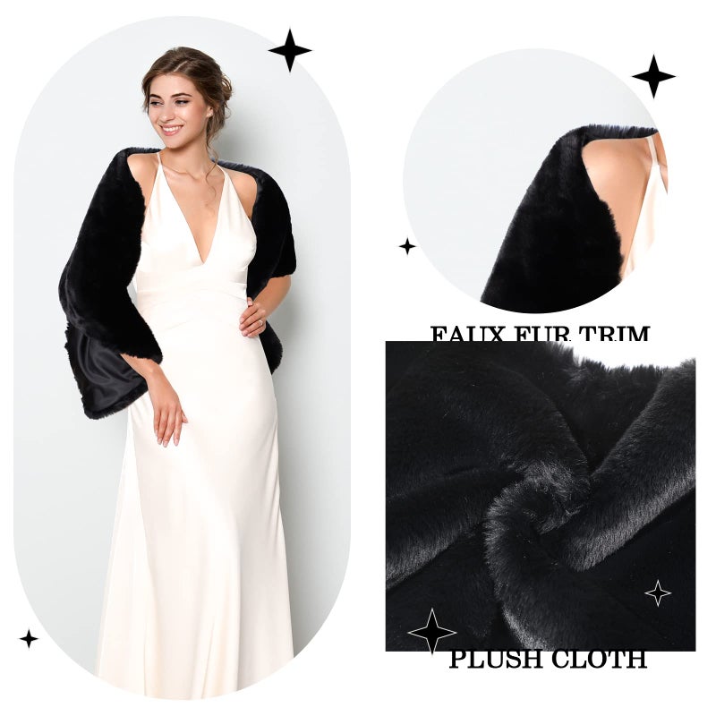 Jadive Women's Faux Fur Shawl Wrap Fake Fur Stoles Scarf Shrug Bridal Winter Wedding Evening Dress with 2 Rhinestone Brooches(Black, Classic, Classic) - Image 4