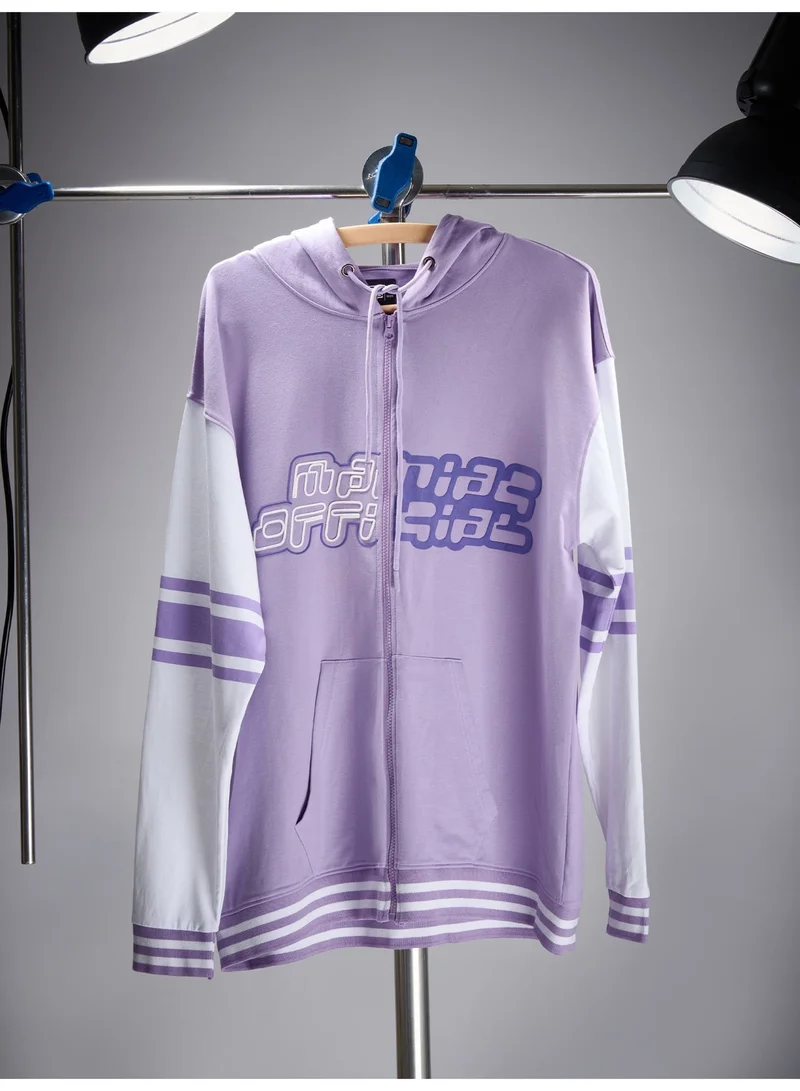 Maniac Maniac Mens Hooded Neck Fullsleeve Printed Lavender and White Full Zipper Loopnet Slim fit Sweatshirt