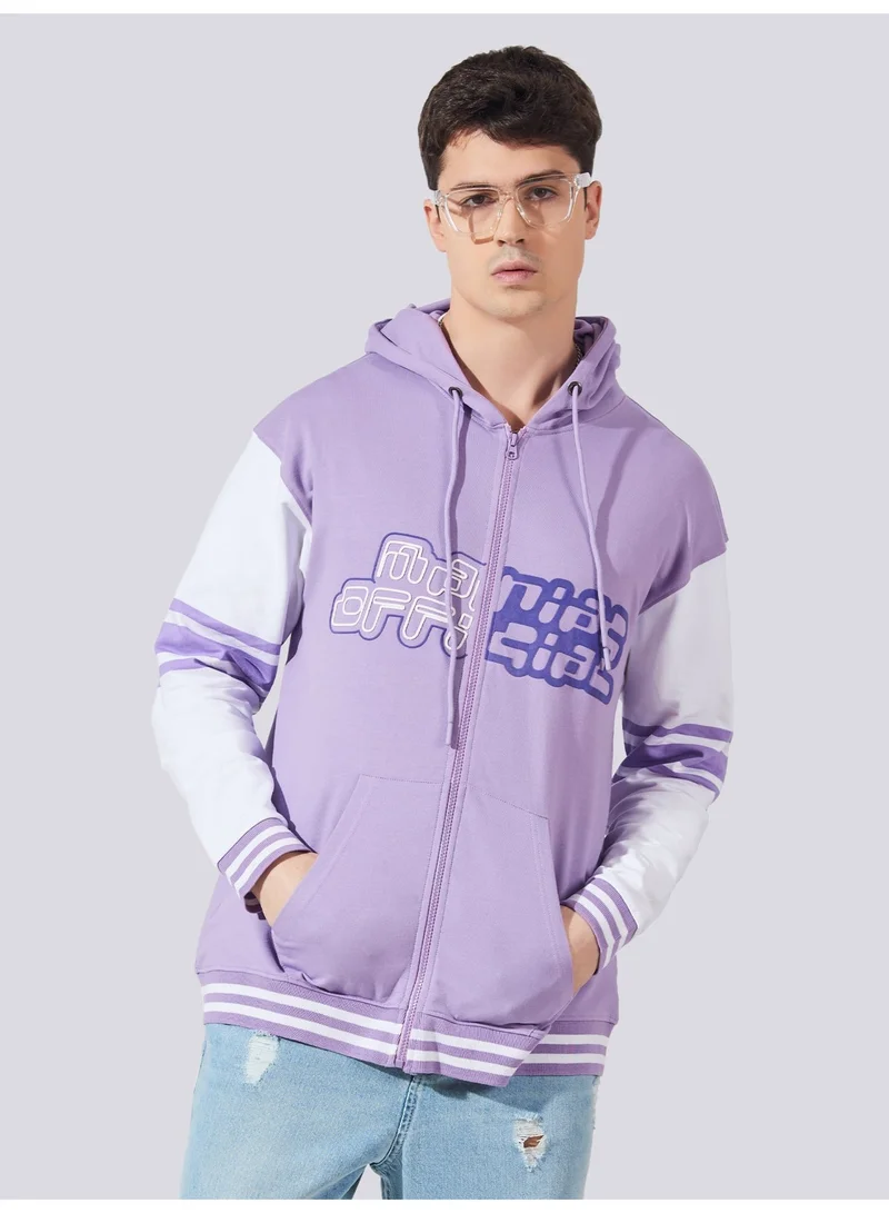 Maniac Maniac Mens Hooded Neck Fullsleeve Printed Lavender and White Full Zipper Loopnet Slim fit Sweatshirt