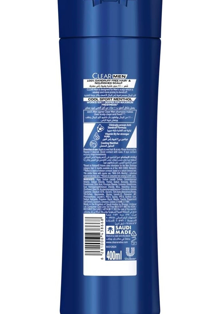 Clear Men's Anti-Dandruff Shampoo Cool Sport Menthol, 400ml - Image 2