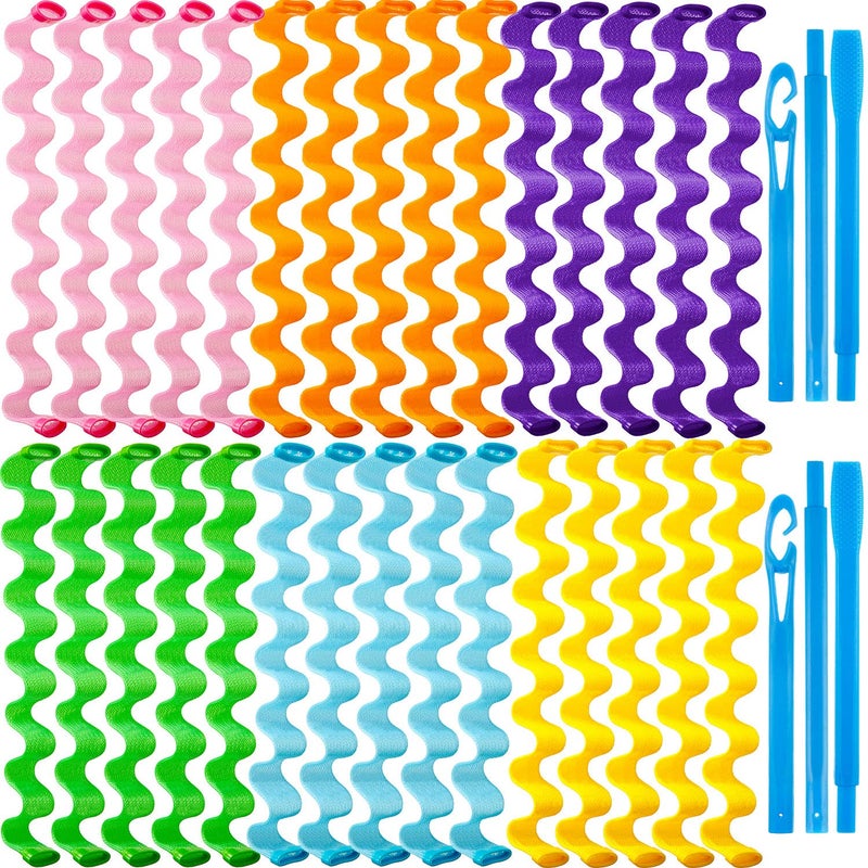 30 Pieces Heatless Waves Curlers Spiral Curls Styling Kit No Heat Hair Waver Spiral Curlers Rollers with 2 Pieces Styling Hooks for Most Hairstyles 55 cm