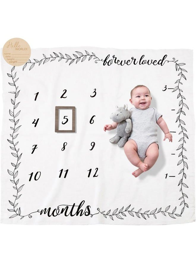 Pondering Pine Organic Baby Monthly Milestone Blanket Boy or Girl - Months Blanket with Wood Frame and Newborn Announcement Disc - Growth Chart for 1-12 Month Milestones, Gender Neutral, 47”x47” - Image 1