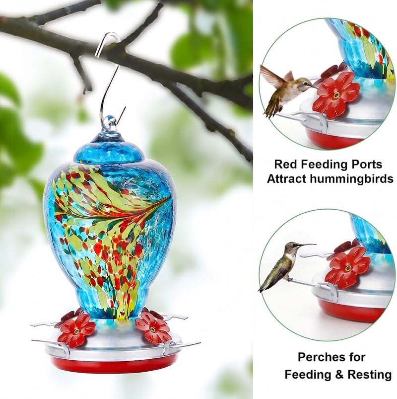 WOSIBO Hummingbird Feeder for Outdoors Patio Large 34 Ounces Colorful Hand Blown Glass Hummingbird Feeder with Ant Moat Hanging Hook, Rope, Brush and Service Card (Blue) - Image 2