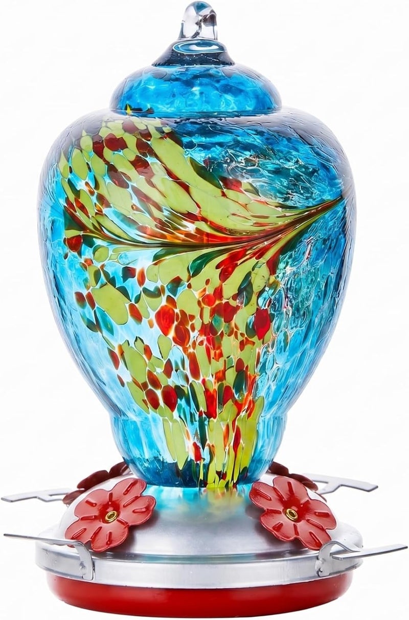 WOSIBO Hummingbird Feeder for Outdoors Patio Large 34 Ounces Colorful Hand Blown Glass Hummingbird Feeder with Ant Moat Hanging Hook, Rope, Brush and Service Card (Blue) - Image 1
