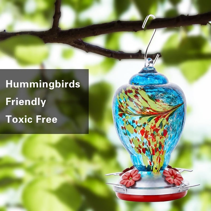 WOSIBO Hummingbird Feeder for Outdoors Patio Large 34 Ounces Colorful Hand Blown Glass Hummingbird Feeder with Ant Moat Hanging Hook, Rope, Brush and Service Card (Blue) - Image 3