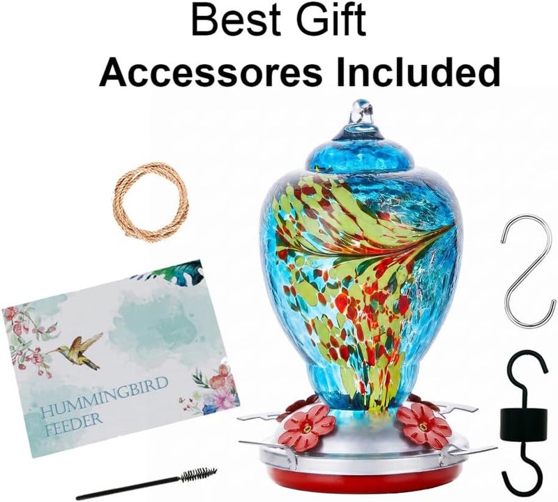 WOSIBO Hummingbird Feeder for Outdoors Patio Large 34 Ounces Colorful Hand Blown Glass Hummingbird Feeder with Ant Moat Hanging Hook, Rope, Brush and Service Card (Blue) - Image 5
