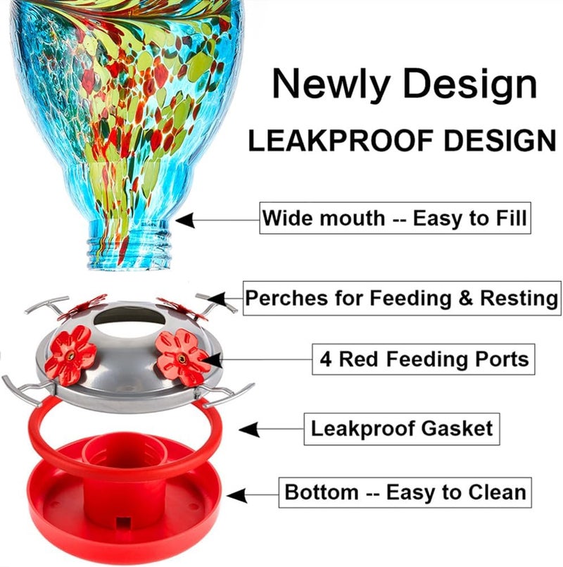WOSIBO Hummingbird Feeder for Outdoors Patio Large 34 Ounces Colorful Hand Blown Glass Hummingbird Feeder with Ant Moat Hanging Hook, Rope, Brush and Service Card (Blue) - Image 4