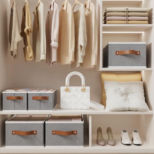OUTBROS Cube Storage Unit Boxes, Foldable Bins for Bedrooms, Living Rooms, Shelves, Baskets With Handles, Fabric Wardrobe Organiser, Grey, 16.1 x 6.5 x 9.8 inch, 3-Pack - Image 3