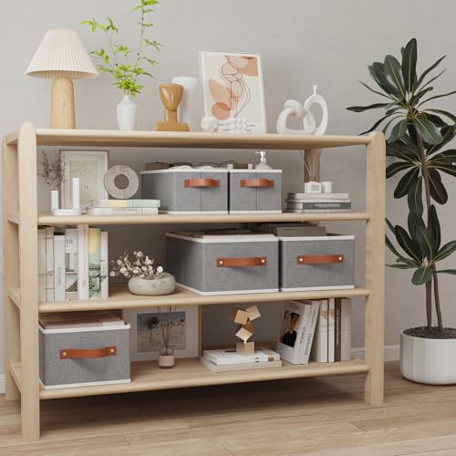 OUTBROS Cube Storage Unit Boxes, Foldable Bins for Bedrooms, Living Rooms, Shelves, Baskets With Handles, Fabric Wardrobe Organiser, Grey, 16.1 x 6.5 x 9.8 inch, 3-Pack - Image 2