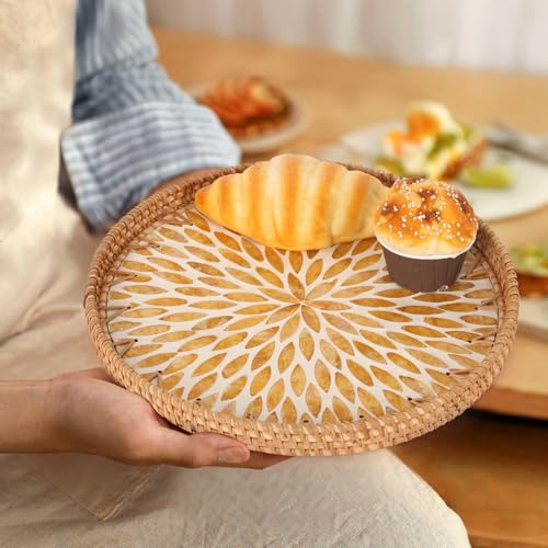 Tynulox Round Rattan Tray with Mother of Pearl Inlay, Rattan Serving Tray for Coffee, Bread, Fruits, Decorative Wicker Tray for Table Decor, Home Decor, Kitchen Island Decor (Amber Leaf, 11.8") - Image 4