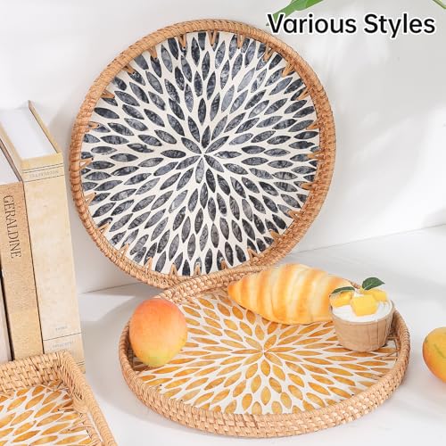 Tynulox Round Rattan Tray with Mother of Pearl Inlay, Rattan Serving Tray for Coffee, Bread, Fruits, Decorative Wicker Tray for Table Decor, Home Decor, Kitchen Island Decor (Amber Leaf, 11.8") - Image 3