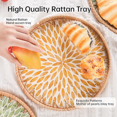 Tynulox Round Rattan Tray with Mother of Pearl Inlay, Rattan Serving Tray for Coffee, Bread, Fruits, Decorative Wicker Tray for Table Decor, Home Decor, Kitchen Island Decor (Amber Leaf, 11.8") - Image 5