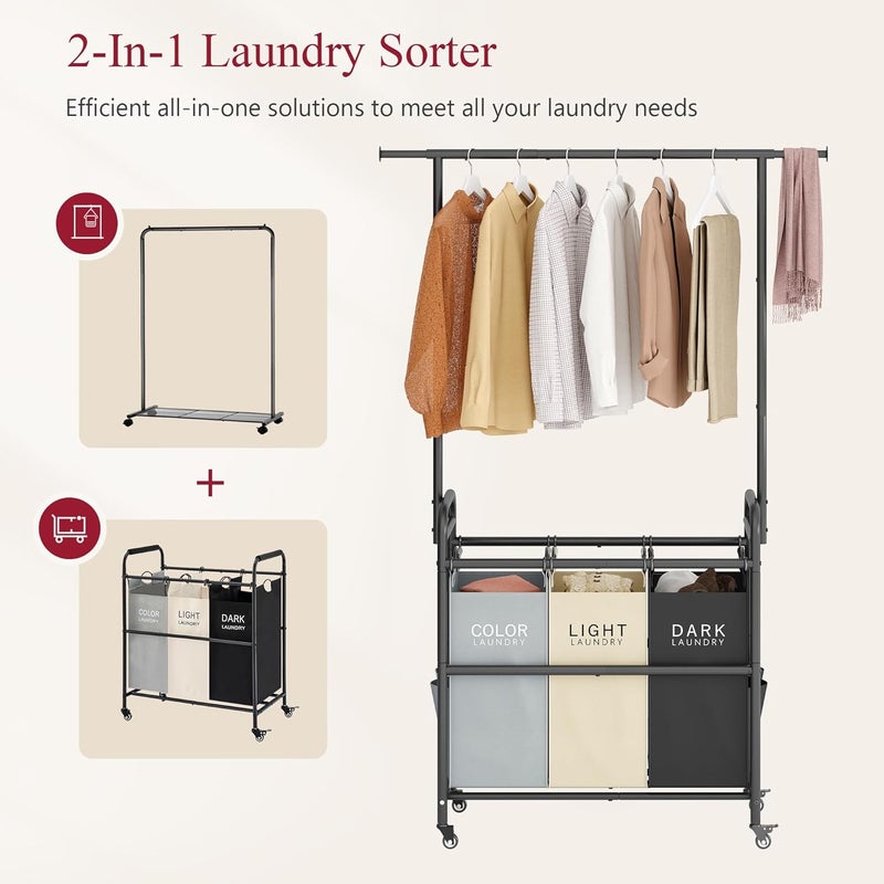 Tajsoon عربة تصنيف الملابس من مزودة برف لتعليق الملابس، 3 سلال تنظيم من نوع “Butler Sorter Basket Organizer”， عربة سلة الملابس مزودة بعجلات دوارة قوية وقابلة للقفل، 3 ألوان - Image 3