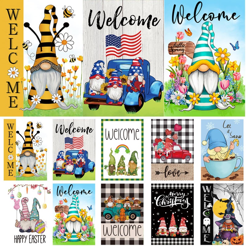 Pating Set of 10 Gnome Seasonal Garden Flags,Double Sided 12 x 18 Inch Yard Flags,small garden flags for outside, Christmas Spring Seasonal Flags for Outdoor,Holiday Garden Flags for All Seasons - Image 1