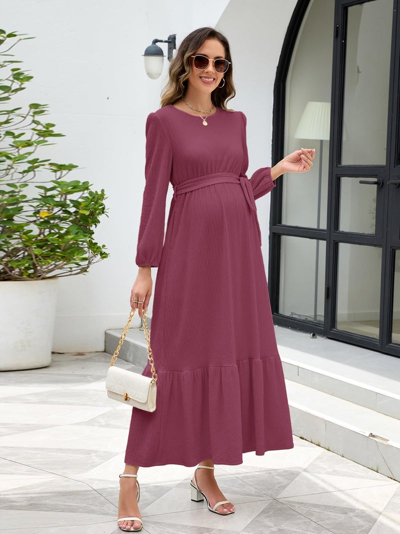 AISWI Women's Maternity Maxi Dress with Belt Long Sleeve Crew Neck Pregnancy Dresses with Pockets Baby Shower Photoshoot, Plum Pink, Medium - Image 5