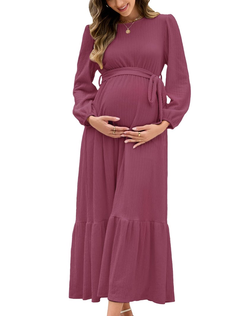 AISWI Women's Maternity Maxi Dress with Belt Long Sleeve Crew Neck Pregnancy Dresses with Pockets Baby Shower Photoshoot, Plum Pink, Medium - Image 1