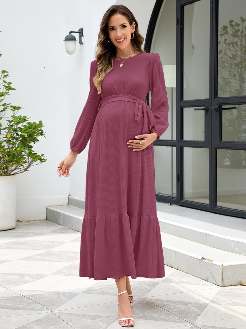 AISWI Women's Maternity Maxi Dress with Belt Long Sleeve Crew Neck Pregnancy Dresses with Pockets Baby Shower Photoshoot, Plum Pink, Medium - Image 3