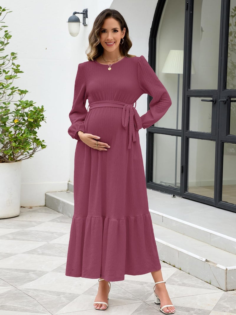 AISWI Women's Maternity Maxi Dress with Belt Long Sleeve Crew Neck Pregnancy Dresses with Pockets Baby Shower Photoshoot, Plum Pink, Medium - Image 4