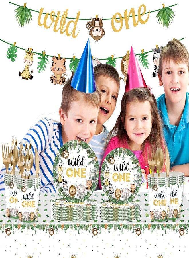 GalaHub Wild One Birthday Decorations 202 Pcs for 25 Guests, Jungle Safari Theme Party Supplies with Animal Plates Napkins Cutlery Tablecloth Banner, Baby Shower or Boys 1st Birthday Party - Image 4