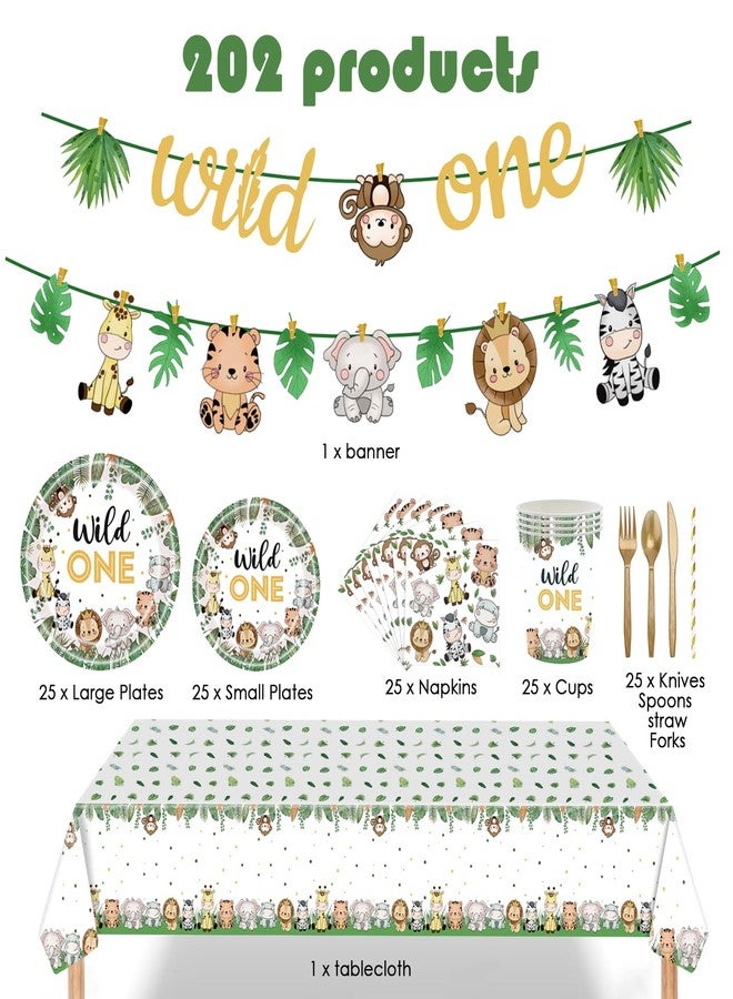 GalaHub Wild One Birthday Decorations 202 Pcs for 25 Guests, Jungle Safari Theme Party Supplies with Animal Plates Napkins Cutlery Tablecloth Banner, Baby Shower or Boys 1st Birthday Party - Image 2
