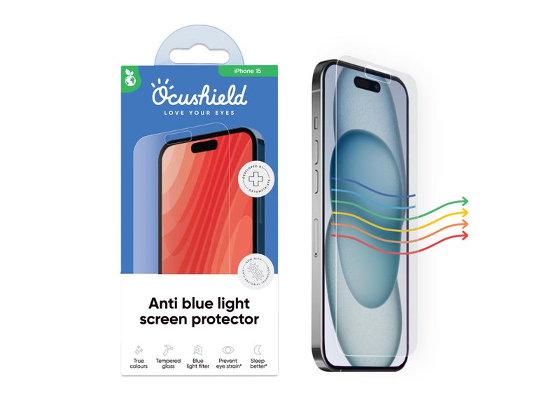 Ocushield Anti Blue Light Tempered Glass Screen Protector for iPhone 15 (6.1") - Protect Your Eyes, Reduce Migraines & Improve Sleep - Image 1