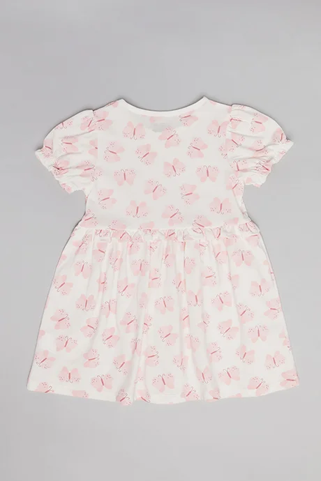 أر أند بي Printed Fit & Flare Dress with Crew Neck and Puff Sleeves