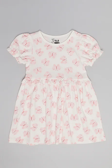 أر أند بي Printed Fit & Flare Dress with Crew Neck and Puff Sleeves
