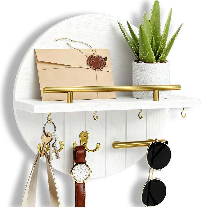 OurWarm Key Holder Wall Mount, 11.8 Inch White Decorative Key and Mail Holder Organizer with 8 Key Hooks, Round Wooden Key Rack Key Hanger with Shelf for Wall Entryway Boho Home Decor - Image 1