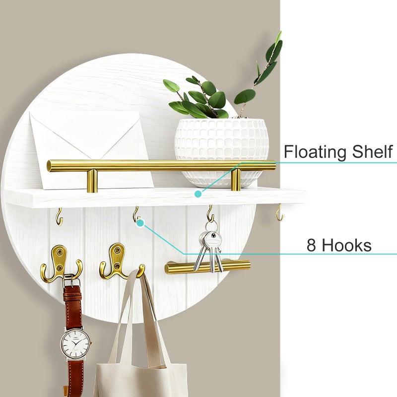 OurWarm Key Holder Wall Mount, 11.8 Inch White Decorative Key and Mail Holder Organizer with 8 Key Hooks, Round Wooden Key Rack Key Hanger with Shelf for Wall Entryway Boho Home Decor - Image 3