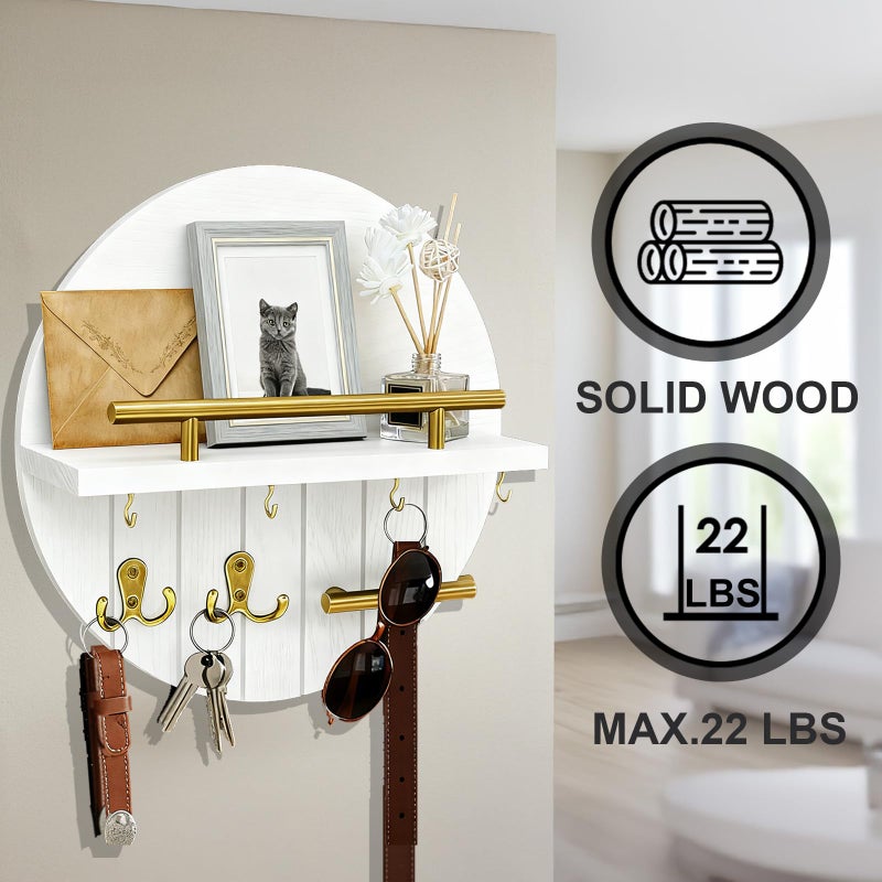 OurWarm Key Holder Wall Mount, 11.8 Inch White Decorative Key and Mail Holder Organizer with 8 Key Hooks, Round Wooden Key Rack Key Hanger with Shelf for Wall Entryway Boho Home Decor - Image 4