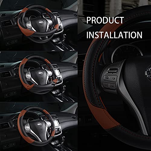 szttswamp Leather Car Steering Wheel Cover, Non-Slip Car Wheel Cover Protector Breathable Microfiber Leather Universal Fit for Most Cars(Brown) - Image 5
