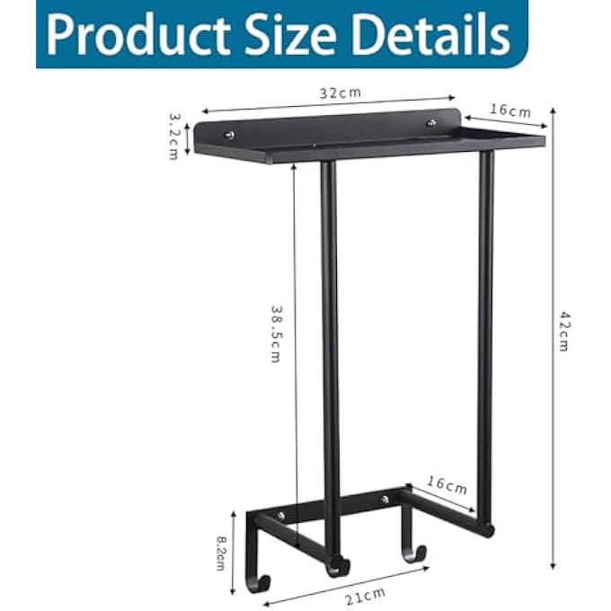 رف مناشف للحمام، رفوف مناشف مثبتة على الحائط مع رف معدني و3 خطافات لرفوف الحمام الصغيرة باللون الأسود - Image 2