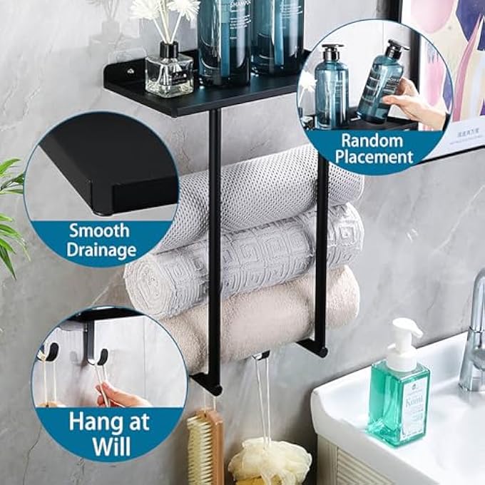 رف مناشف للحمام، رفوف مناشف مثبتة على الحائط مع رف معدني و3 خطافات لرفوف الحمام الصغيرة باللون الأسود - Image 5