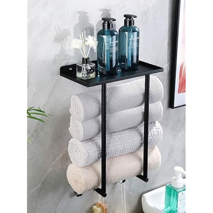 رف مناشف للحمام، رفوف مناشف مثبتة على الحائط مع رف معدني و3 خطافات لرفوف الحمام الصغيرة باللون الأسود - Image 4