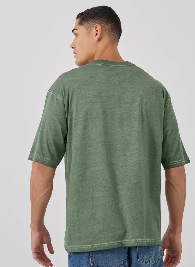 Styli Styli Green Mock Neck Washed Heavy Jersey T-Shirt