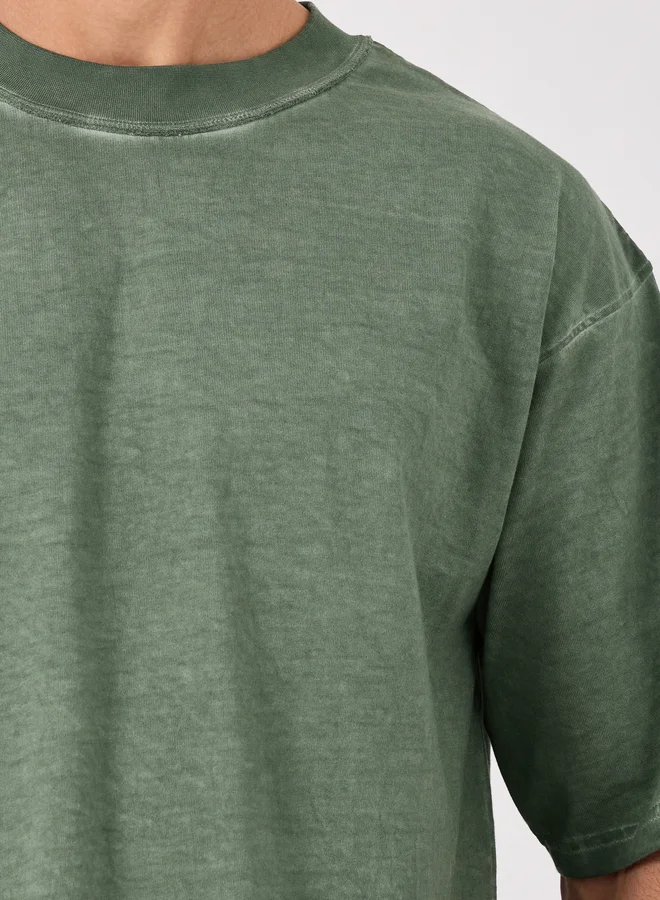 Styli Styli Green Mock Neck Washed Heavy Jersey T-Shirt