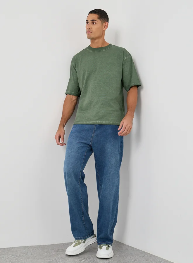 Styli Styli Green Mock Neck Washed Heavy Jersey T-Shirt