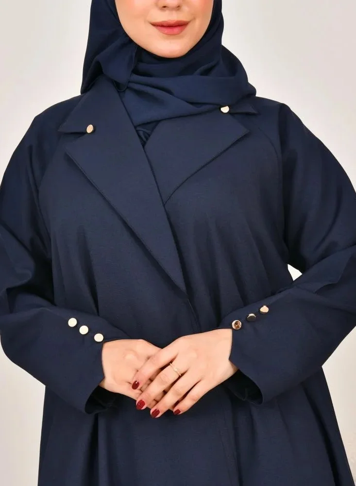 lamha abaya Navy blue cloche blazer with gold buttons on the sleeves and collar