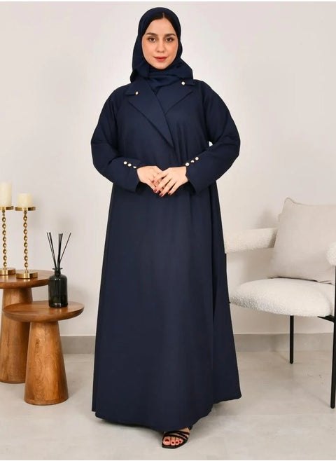 Navy blue cloche blazer with gold buttons on the sleeves and collar