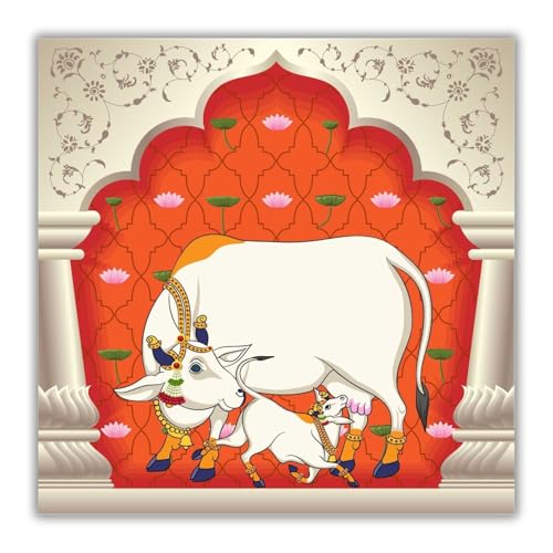 Casperme Kamdhenu Cow Vastu Prosperity Cotton Canvas Wall Painting For Living Room for Bedroom, Hotels & Office Decoration (Orange, 24 x 24 inches) - Image 3