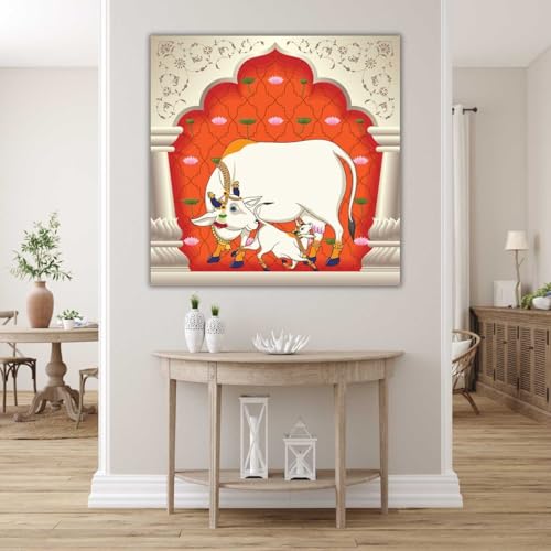 Casperme Kamdhenu Cow Vastu Prosperity Cotton Canvas Wall Painting For Living Room for Bedroom, Hotels & Office Decoration (Orange, 24 x 24 inches) - Image 5
