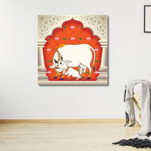 Casperme Kamdhenu Cow Vastu Prosperity Cotton Canvas Wall Painting For Living Room for Bedroom, Hotels & Office Decoration (Orange, 24 x 24 inches) - Image 2