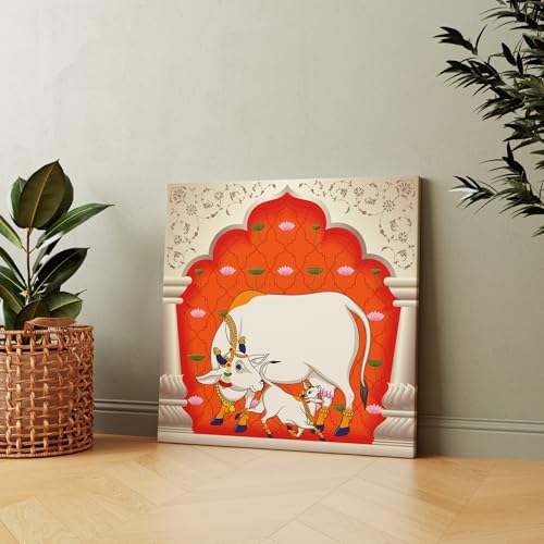 Casperme Kamdhenu Cow Vastu Prosperity Cotton Canvas Wall Painting For Living Room for Bedroom, Hotels & Office Decoration (Orange, 24 x 24 inches) - Image 1