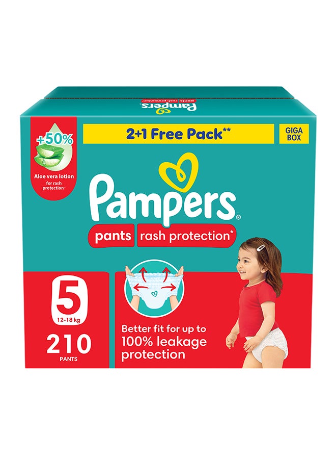 Pampers Rash Protection Pants Diapers, Size 5, 12-18kg, +50% Aloe Vera Lotion, 360° Leak-Free Fit for up to 100% Leakage Protection, Giga Box, 210 Count - Image 1