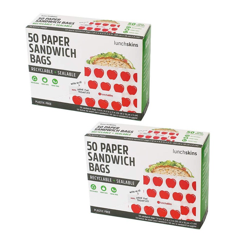 Lunchskins Recyclable + Sealable Paper Sandwich Bags, w/Closure Strip, 100-Count, Apple, 2-Pack - Image 1