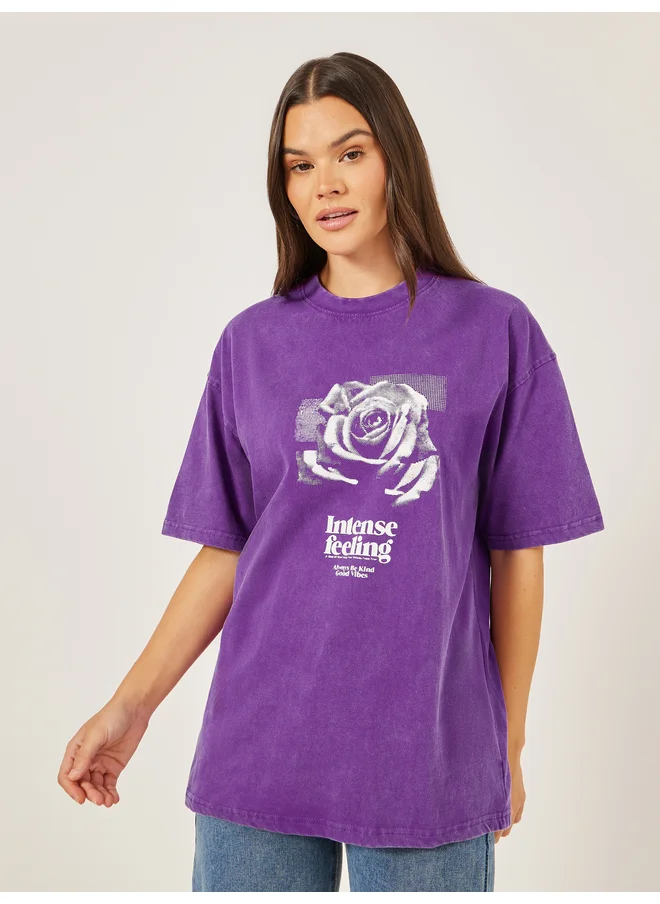 ستايلي Styli Acid Washed Graphic Print Short Sleeve Oversized T-Shirt